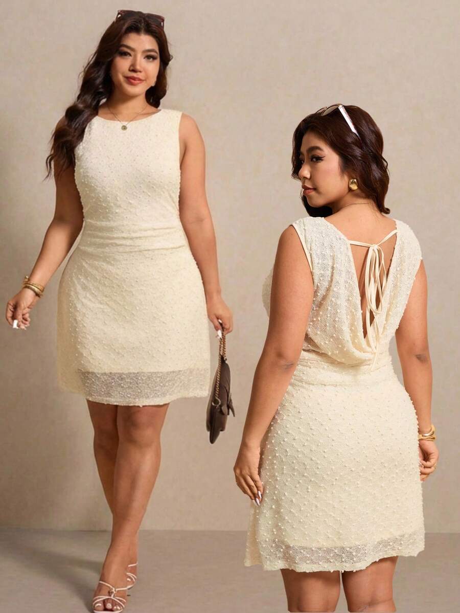 Elaquor 大码夏季连衣裙，复古浪漫连衣裙，露背设计，无袖，A字迷你连衣裙 - 杏色 - 查看 1