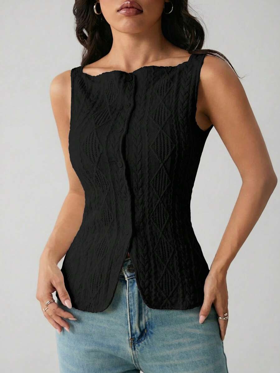 SHEIN PETITE Camisa casual sin mangas de mujer con textura geométrica y abotonadura sencilla, con tela con textura geométrica y microfibra elástica, camisa ajustada de mujer, elegante y de moda para ir al trabajo, top casual de moda simple para todos los días, primavera/verano, top sin mangas, blusas de estilo antiguo, ropa occidental para mujer - Negro - Ver 1