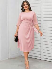 Reflora Plus Size Women Solid Color Round Neck Ruched Fashionable Date Dress - Pink - View 2