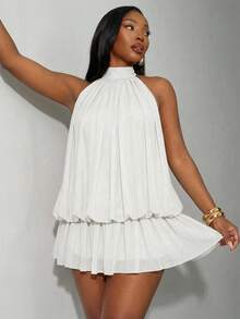 SHEIN SXY Đầm cổ yếm màu trơn xếp nếp viền gấu dành cho nữ cỡ lớn - trắng - Xem 3