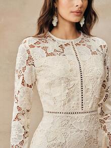 Anewsta 新款女士春夏优雅蕾丝刺绣长袖杏色连衣裙 - 杏色 - 查看 2