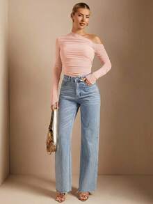 SHEIN BAE Women's Solid Color Minimalist Daily Wear One-Shoulder Asymmetric Ruched Sheer Bandeau Tight Fitting T-Shirt - Pink - View 3