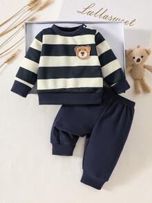 SHEIN Bộ đồ cho bé gái sơ sinh mùa thu gồm áo dài tay màu trắng thêu họa tiết và quần hồng, kiểu dáng giản dị, thời trang và dễ phối đồ. - Màu xanh hải quân - Xem 2