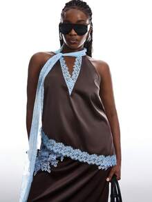 LYSMO Áo tank top cỡ lớn kiểu dáng tối giản mới, phối ren, vạt bất đối xứng, áo kiểu nữ thời trang/áo sơ mi thường ngày, phong cách nghỉ mát. - Nhiều màu - Xem 1