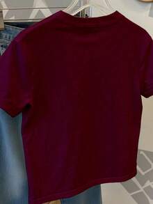 Girls' Short Cropped T-Shirt, Burgundy, Fitted, Cute White Rhinestone Bow Decor, Versatile All-Match Tee, Suitable For Outings, Spring/Summer - Burgundy - View 2