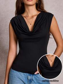 SHEIN Franclia New Women's Elegant And Sexy Outfits For The Office, Vacation, Beach, Commuting, Romantic, Banquets, Parties, Birthday Parties, Concerts, Valentine's Day, And Carnivals. Women's Summer New Arrival: Black Halter Neck Top With A Fitted Waist. Halter Neck Black Top, Halter Neck, Fitted Waist Top, Black Vest, Vest Style Top, Halter Neck Pleated Top, Halter Neck Vest Top. Elegant Women's Outfits, Sophisticated Women's Tops. - Black - View 3