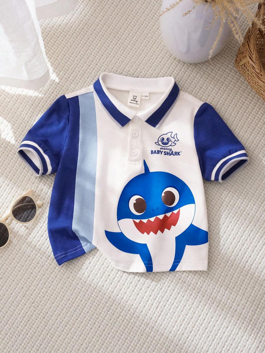 BABY SHARK X SHEIN Polo de manga corta con estampado de tiburón de dibujos animados para bebé niño - Azul - Ver 1
