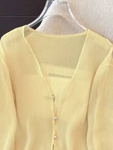 K-Vae Áo khoác cardigan mỏng nhẹ, tinh tế dành cho nữ, kiểu dáng ngắn cài khuy ngọc trai, thích hợp cho mùa hè. - Màu vàng - Xem 5