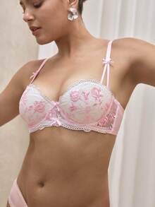 Bralution 1 pieza Conjunto de lencería de muñeca bordada de malla, copa acolchada con aro, ropa interior para dormir íntima para vacaciones de verano, sujetador rosado femenino - Rosa - Ver 1