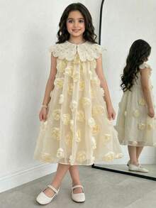 Sweet And Lovely Lace-Trimmed Short A-Line Babydoll Dress For Girls, Perfect For Wedding Season, Performances, Birthday Parties, Banquets, And All Seasons. - Apricot - View 2