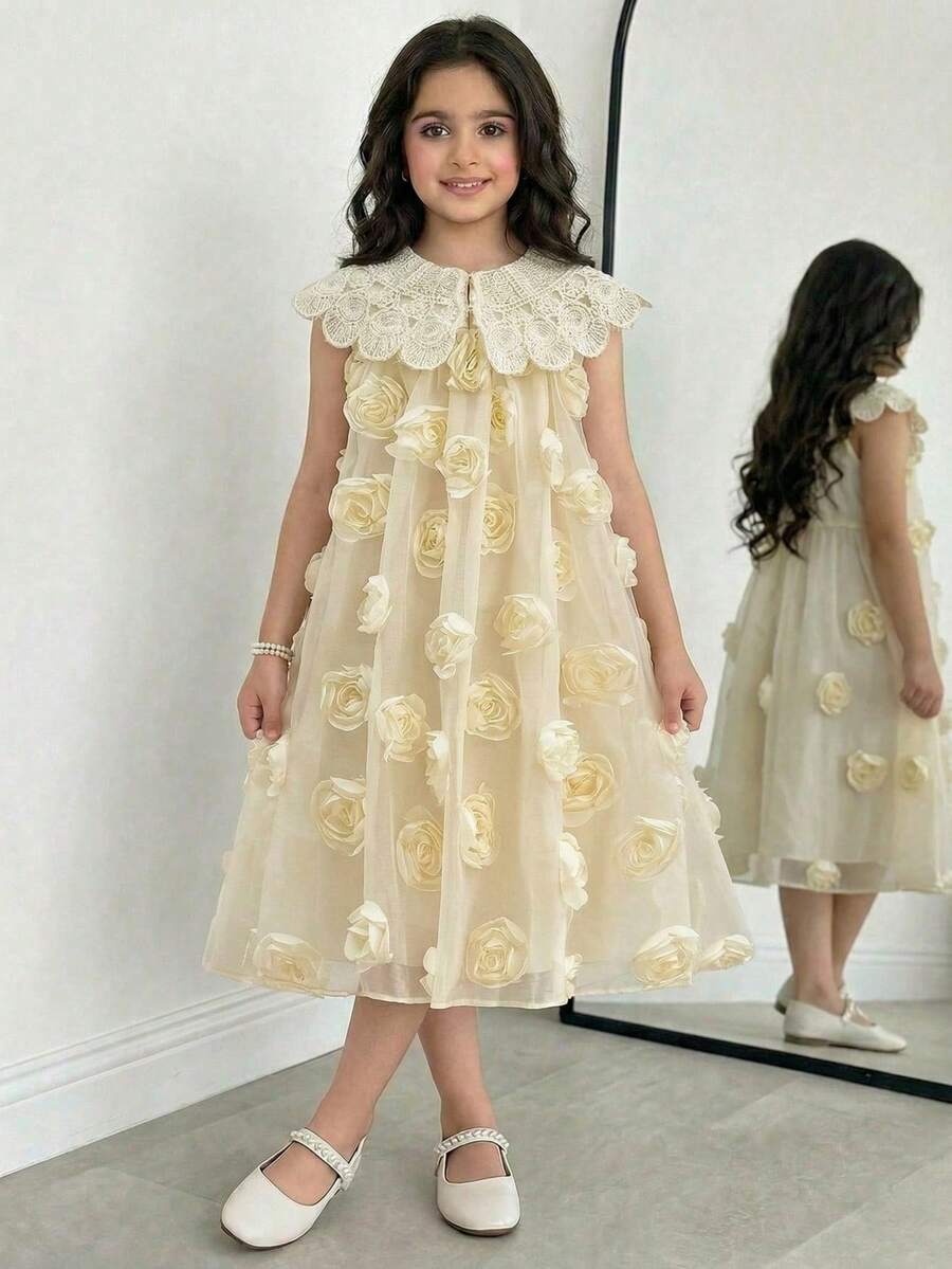 Sweet And Lovely Lace-Trimmed Short A-Line Babydoll Dress For Girls, Perfect For Wedding Season, Performances, Birthday Parties, Banquets, And All Seasons.