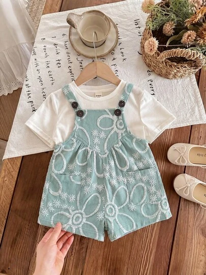 SHEIN LMoss Kids Peto de bebé niña con bolsillos dobles y estampado jacquard