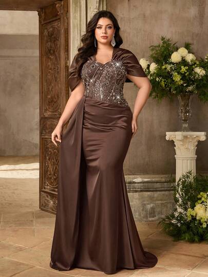 Aureia Plus Size Elegant Luxurious Coffee-Colored Beaded Embroidered Patchwork High-Stretch Satin Off-Shoulder Fitted Mermaid Pleated Dress With Overlay, Suitable For Evening Parties, Galas, Weddings, Honeymoon, And Wedding Season Events (Intricate Design)