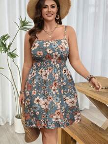 Breezaya Plus Size Women Woven Regular Spring/Summer Casual Comfortable Commute Floral Print Spaghetti Strap Ruffle Hem Waist Tie Short Dress - Multicolor - View 5