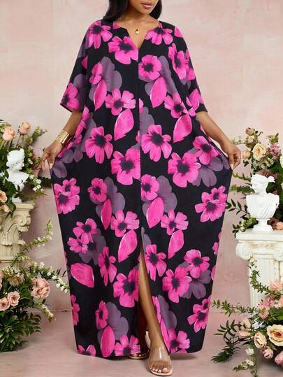 Fleurora Spring And Summer Casual Elegant Boho Casual Outing Beach Colorful Rose Red Woven Notched Ball Gown Split Batwing Sleeve Long Short Sleeve Plus Size Dresses Plus Size Women Elegant All-Over Allover Print Long Dress Summer Dresses Summer Outfits For Women Summer Clothes Summer Outfits Beach Dress Beach Outfit For Women Casual Dresses For Women Casual Dresses Vacation Outfits Women Holiday Outfits For Women Vacation Dresses Vacation Dress Holiday Dresses Floral Dress Floral Dresses For Women