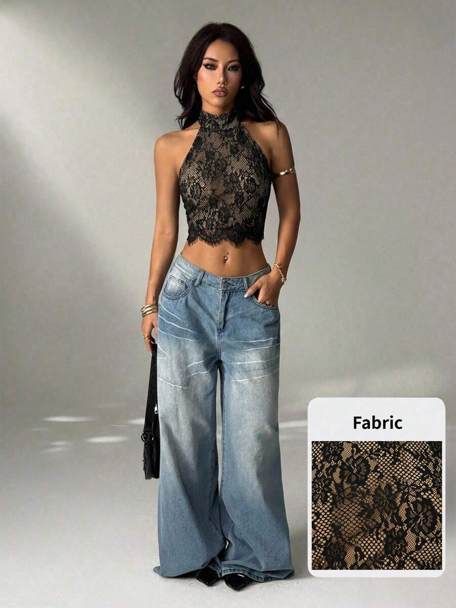 SHEIN PETITE 女士蕾丝吊带露背性感黑色吊带衫