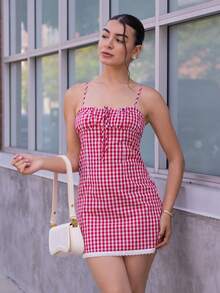 Andrea Bello Đầm bodycon in họa tiết kẻ caro đỏ trắng gợi cảm dễ thương YTK cho nữ - Nhiều màu - Xem 6