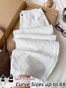 SHEIN CURVE+ Plus Size White Minimalist Textured Solid Color Summer Jeans,Smart Casual Everyday Spring,Easter Graduation - Light Wash - View 1