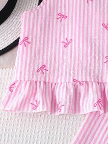 Young Girl Summer Vacation Chiffon Pink Striped Bow Decor Round Neck Casual Camisole And Long Pants 2-Piece Set - Pink - View 4