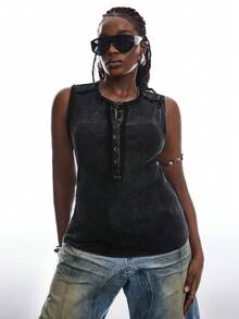 SHEIN EZwear Washed Gray Ribbed Sleeveless Casual Plus Size T-Shirt, Spring/Summer Ribbed Tops Women Sleeveless Button Up Top Cotton Ladies Casual Tops Casual Tops For Women Women's Cotton Tops Ladies Smart Tops - Black - View 6