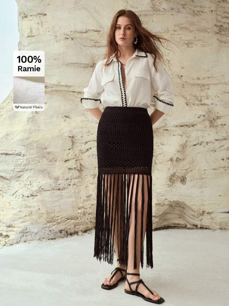 100% LINEN SHELL EMBROIDERED UTILITY POCKET LONG SLEEVE SHIRT, SPRING/SUMMER