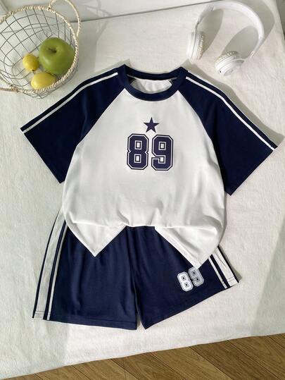 SHEIN 女童（加大码）撞色短袖T恤短裤套装，运动风，宽松贴身设计，轻盈面料，适合日常穿着、休闲和运动。