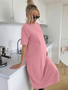 Slowluna Pregnant Women Solid Color Round Neck Short Sleeve Casual Dress - Pink - View 6