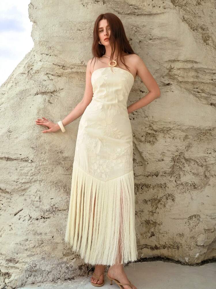 WOMEN'S LINEN EMBROIDERED FRINGE HEM TUBE DRESS