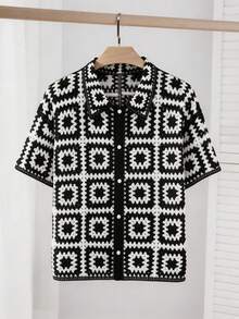 EASEVO Plus Size Men's Front Button Allover Print Casual Short Sleeve Cardigan - Black and White - View 1