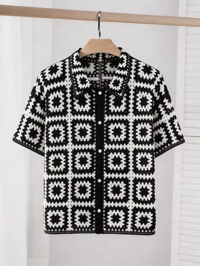 EASEVO Plus Size Men's Front Button Allover Print Casual Short Sleeve Cardigan