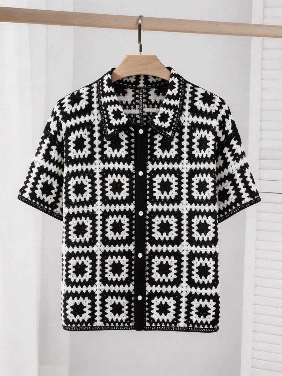 EASEVO Plus Size Men's Front Button Allover Print Casual Short Sleeve Cardigan - Black and White - View 1