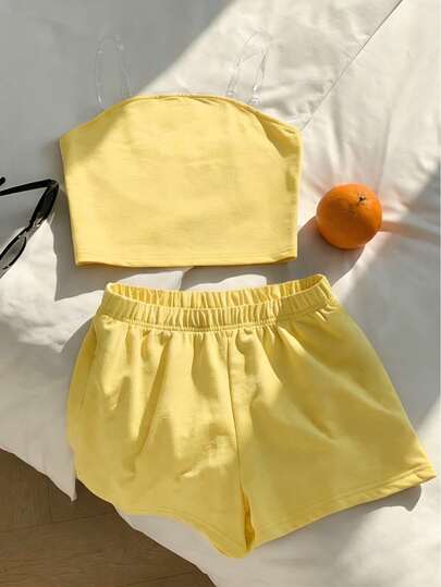 Sparklyn Set de 2 piezas con top tipo bralette a rayas amarillas y blancas con bordado de estrella de mar 3D y tela de textura suave y burbujeante + pantalón tipo short, estilo dulce para vacaciones en la playa, adecuado para el verano, para niñas con estilo Y2K