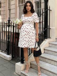 SHEIN Đầm bầu họa tiết hoa nhí thường ngày - Đỏ và trắng - Xem 1