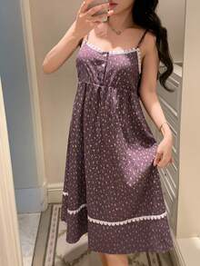 DAZY Floral Lace Patchwork Sleeveless Cinched Waist Nightgown, Women Loungewear Dress - Purple - View 5