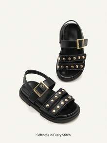 Cozy Pixies A Pair Of Fashionable Versatile Retro Roman Sandals, Girls' Black Rivet Open-Toed Sandals, Cool Summer Soft-Soled Versatile Princess Shoes, - Black - View 2