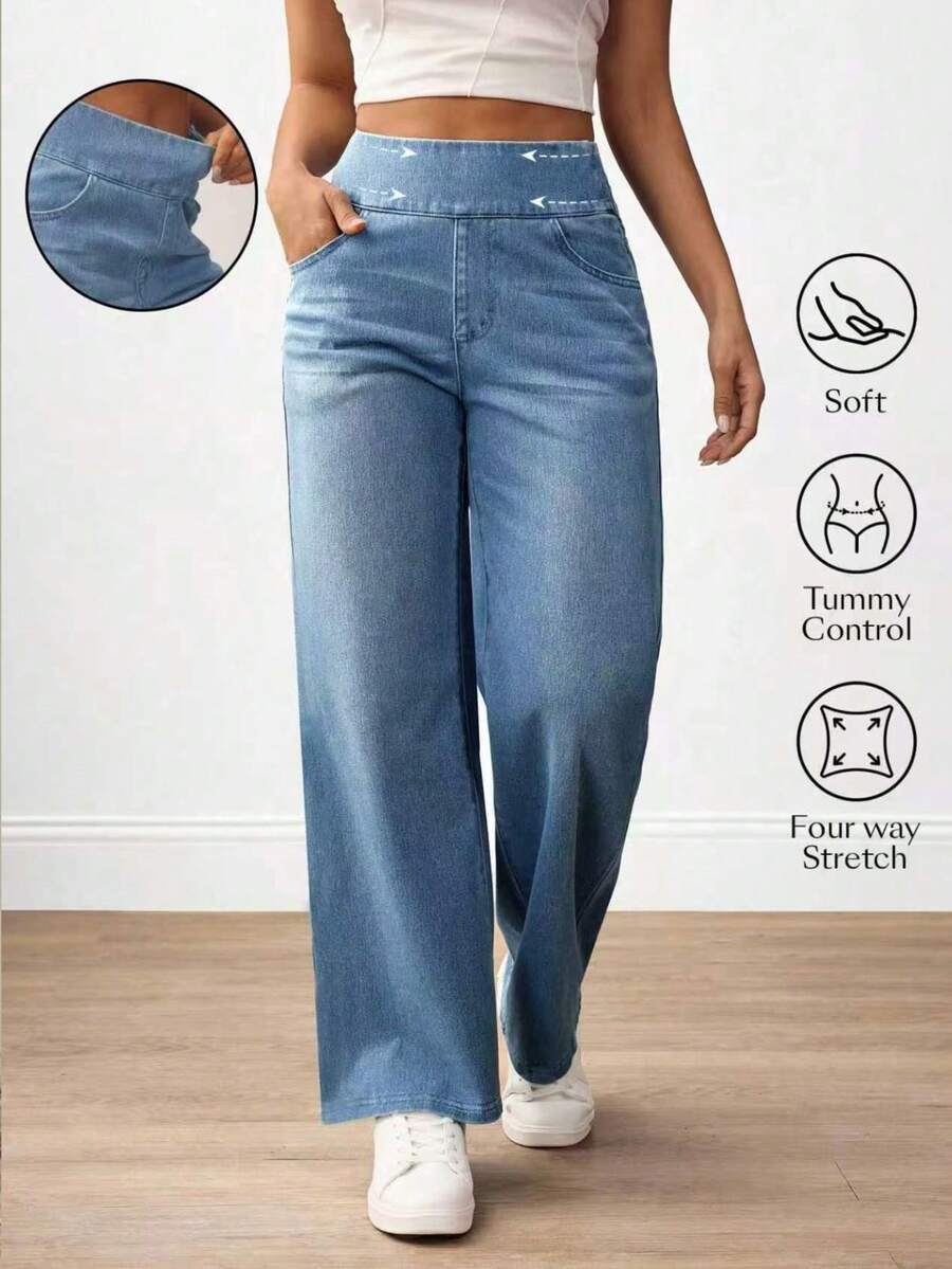 Flexra Plus Size Women Casual Commuter Versatile High Waist Comfortable Belted Slant Pocket Straight Leg Jeans - Blue - View 1