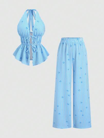 Sweetra Women's Casual Striped Bow Print Spaghetti Strap Camisole & Comfortable Versatile Wide Leg Pants 2-Piece Set, Spring/Summer