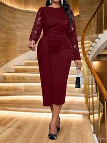 Fleurora 秋冬优雅通勤办公室彩色针织立领喇叭中长袖大码连衣裙冬季女装感恩节女装冬季服装长袖连衣裙冬季冬装优雅服装秋季女装黑色长袖连衣裙秋季女装秋季服装曲线优雅女装 - 酒紅色 - 查看 3