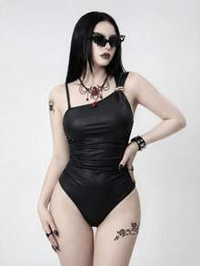 ROMWE Women's Casual Vacation Beach Party Elegant Solid Color One-Piece Swimsuit, New Arrival Summer Gothic Swimsuit Goth Bathing Suits For Women Gothic Bathing Suit Gothic Bodysuit Black One Piece Swimsuit One Shoulder Bodysuit - Black - View 3