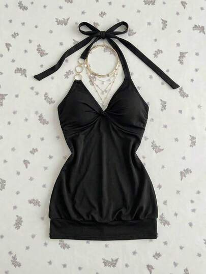 Elamini Women's YK2 Halter Backless Tie Decor Circle V-Neck Bodycon Stretchy Party Casual Dress Dresses For Woman Halter Women Clothes Dress