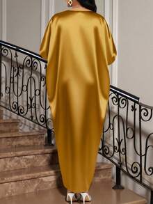 SHEIN Lady 四季皆宜的节日礼服/婚礼宾客/礼服/舞会礼服/金色/晚宴礼服/金色女士缎面提花前开衩连衣裙，休闲派对优雅 - 黃色 - 查看 2