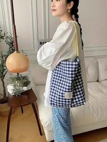Joivida 1个女士时尚格纹帆布手提包，大容量，实用美观，适合沙滩、日常穿搭、物品收纳、旅行和购物。 - 彩色 - 查看 12