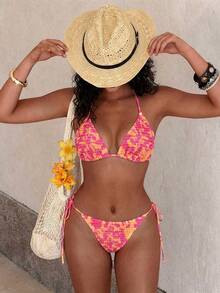 Swim Mod Conjunto de bikini sexy de corbata teñida para mujer con ropa de baño separada con correa de cuello, ideal para vacaciones en la playa - Multicolor - Ver 1