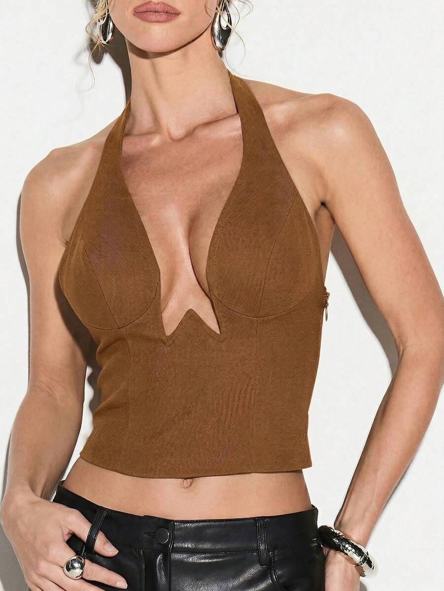 KIZN Áo croptop nữ cổ yếm, cổ chữ V sâu, kiểu corset ôm sát, hở lưng, thích hợp cho mùa hè, dự tiệc và câu lạc bộ. - màu nâu - Xem 1