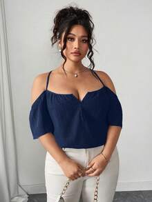 Elenzga Plus Size Women Summer Casual Loose Crinkle Fabric Off-Shoulder Adjustable Strap Front Button Shirt - Navy Blue - View 5