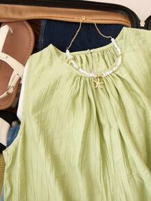 Trelyra 假日休闲时尚圆领无袖宽松绿色女式夏季衬衫 - 綠色 - 查看 4