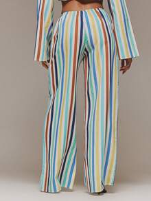 MUSERA Pantalones de pierna ancha con aspecto de lino a rayas, cubrecuerpo de playa bohemio, para playa, festival, primavera, verano, vacaciones, elegante, salida nocturna, cita - Multicolor - Ver 4