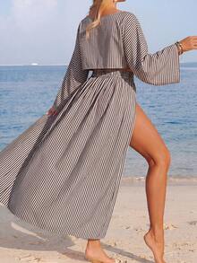 Conjunto de dos piezas de cubrecuerpo casual de manga larga y abertura para la playa para mujer, color blanco - Marrón - Ver 8