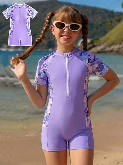 SHEIN Bộ đồ bơi liền thân in hoa dành cho bé gái tuổi teen, thích hợp cho bơi lội, kỳ nghỉ hè và đi biển.