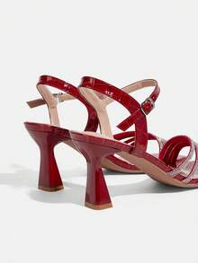 CUCCOO TILAWA Sandali eleganti con tacco alto, punta quadrata, decorazione con strass, in materiale PU con motivo in pietra di mogano, scarpe primaverili adatte per primavera, vacanze pasquali, cene, Natale, San Valentino - Colore mogano - Visualizzare 5